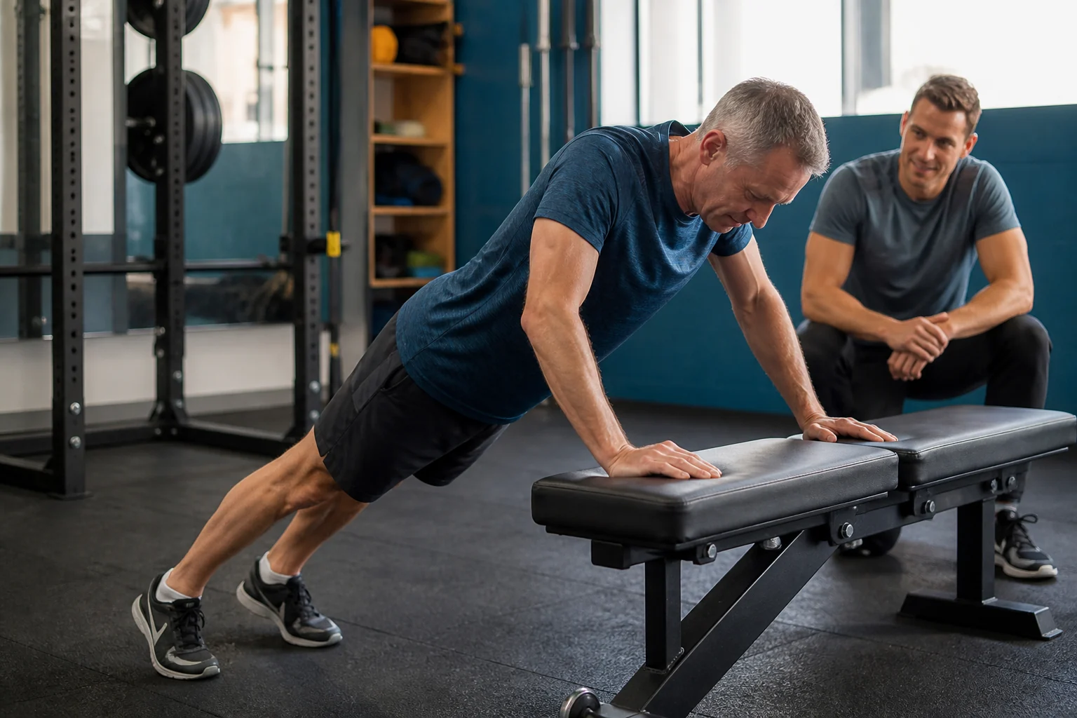 A man in his fifties performs an incline push-up while a trainer watches his form.