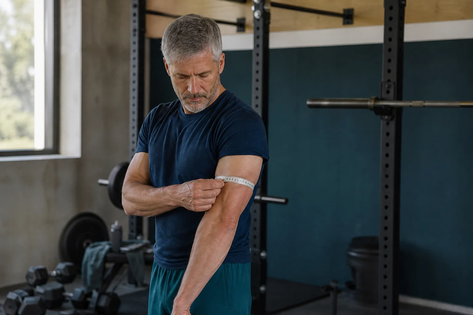 A man in his fifties checks his progress beside a squat rack after a dumbbell workout.