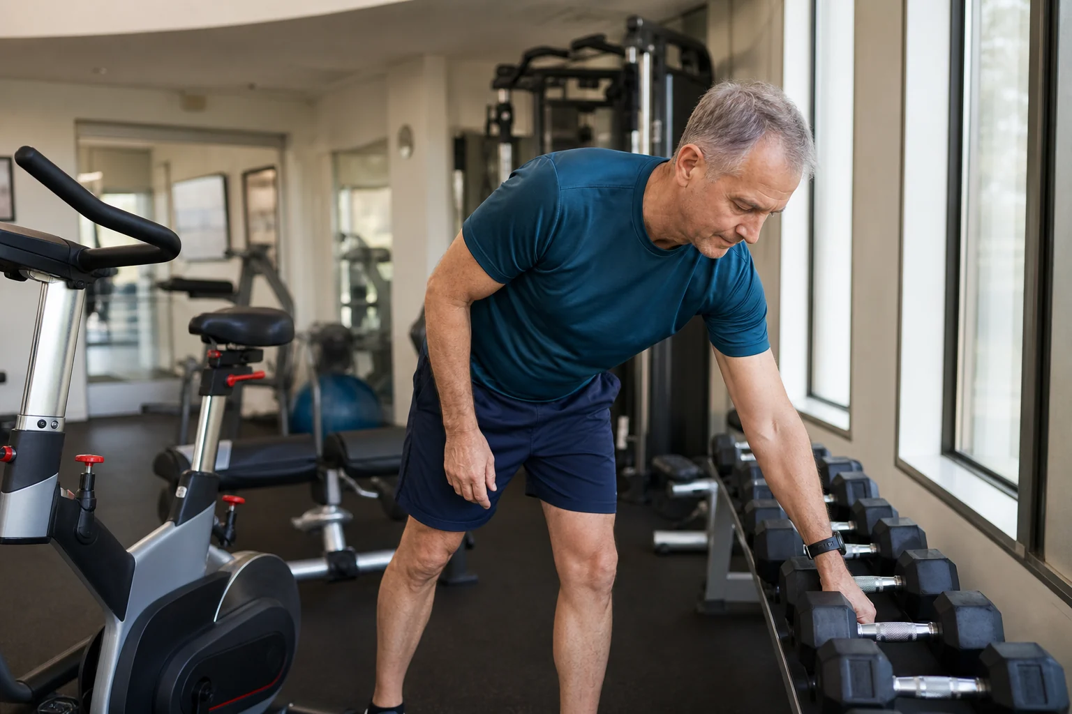 A man in his fifties moves from a stationary bike to dumbbell training at the gym.