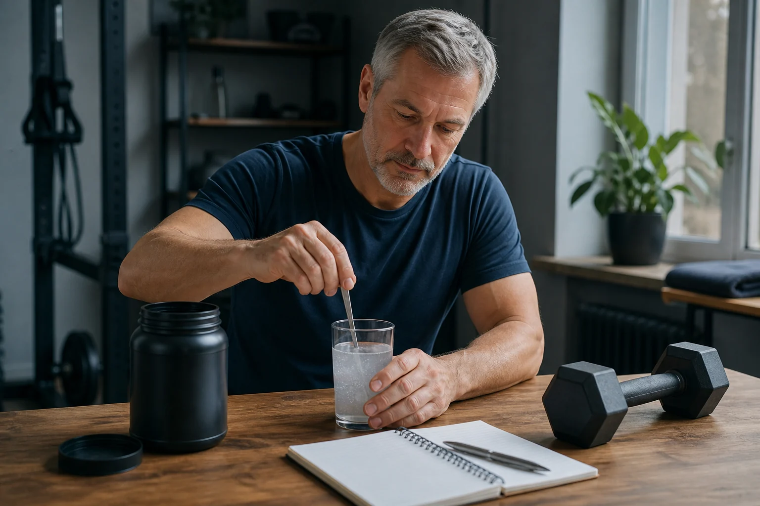 A man in his fifties stirs unbranded creatine powder into a glass of water beside his training gear.