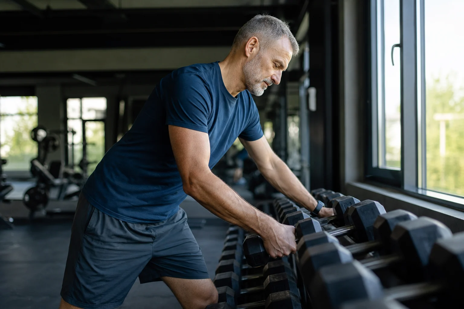A man in his fifties selects a moderate dumbbell from a gym rack.