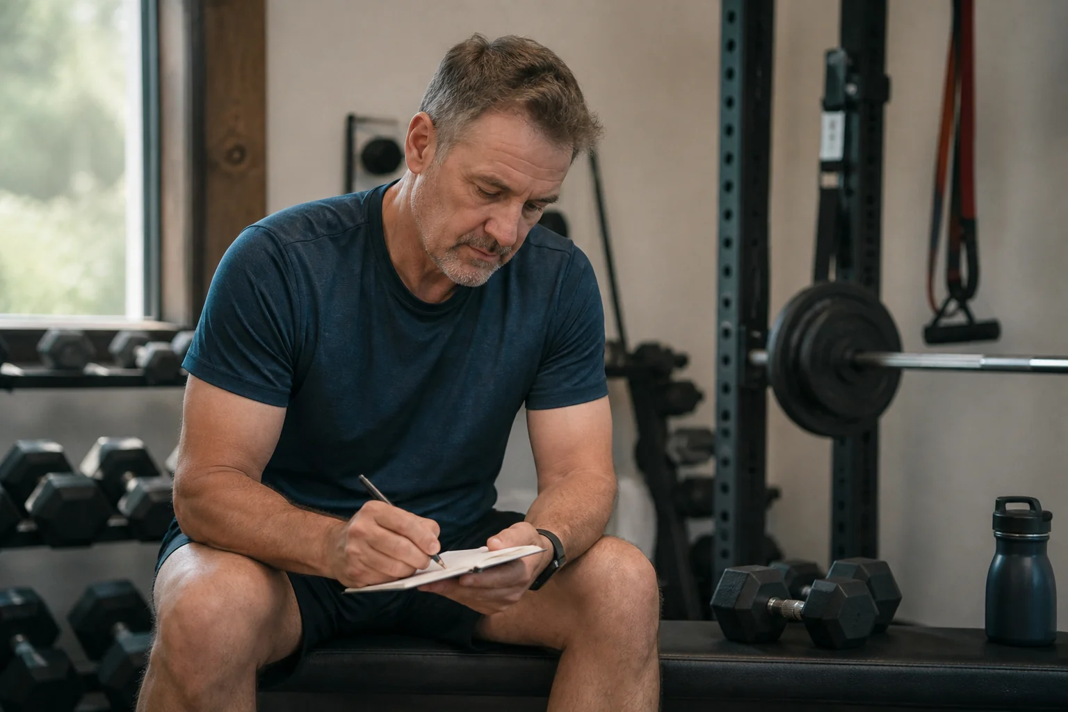 A man in his fifties plans his weekly strength sessions in a training notebook.