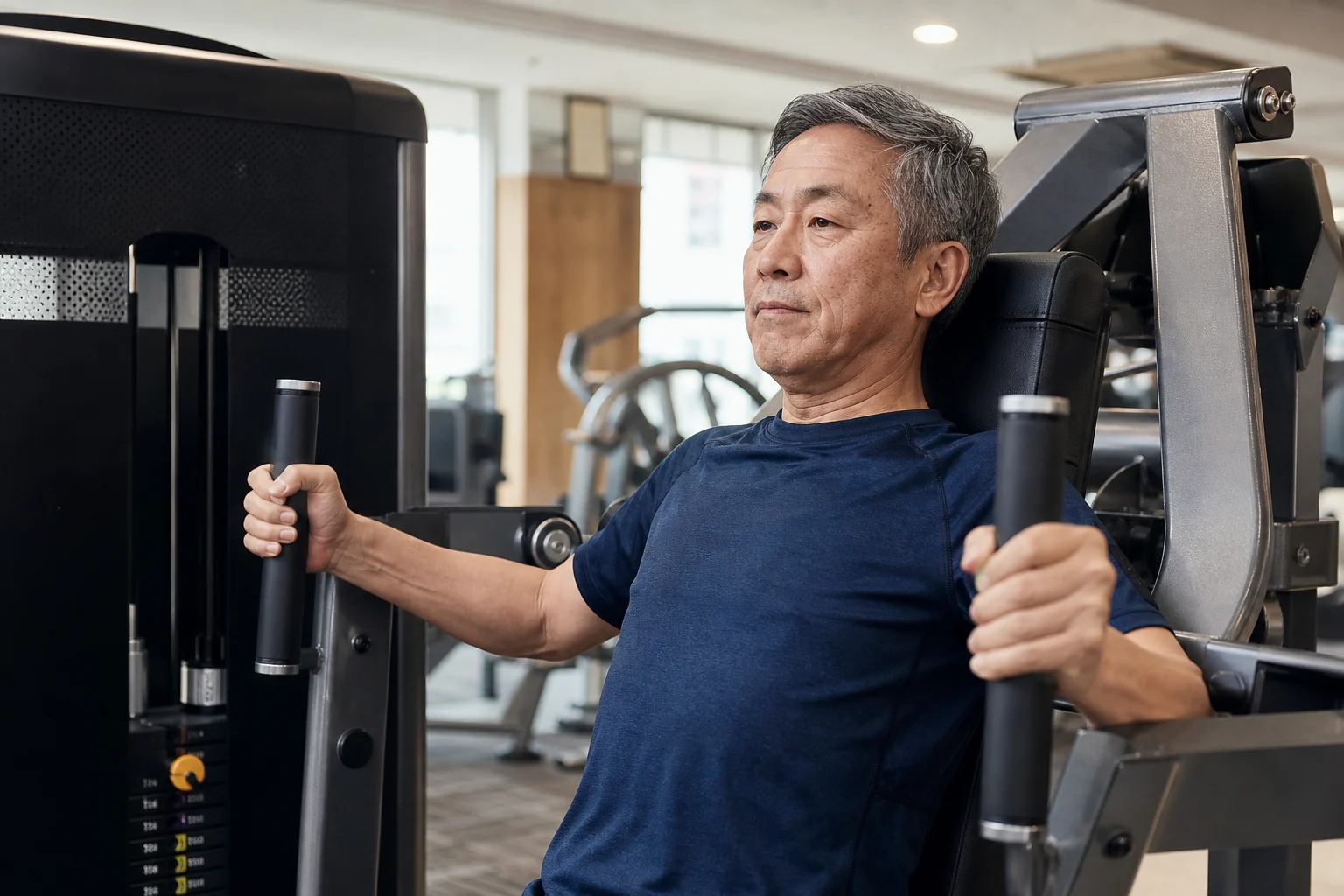 A man in his fifties uses a neutral-grip chest press machine through a comfortable range.