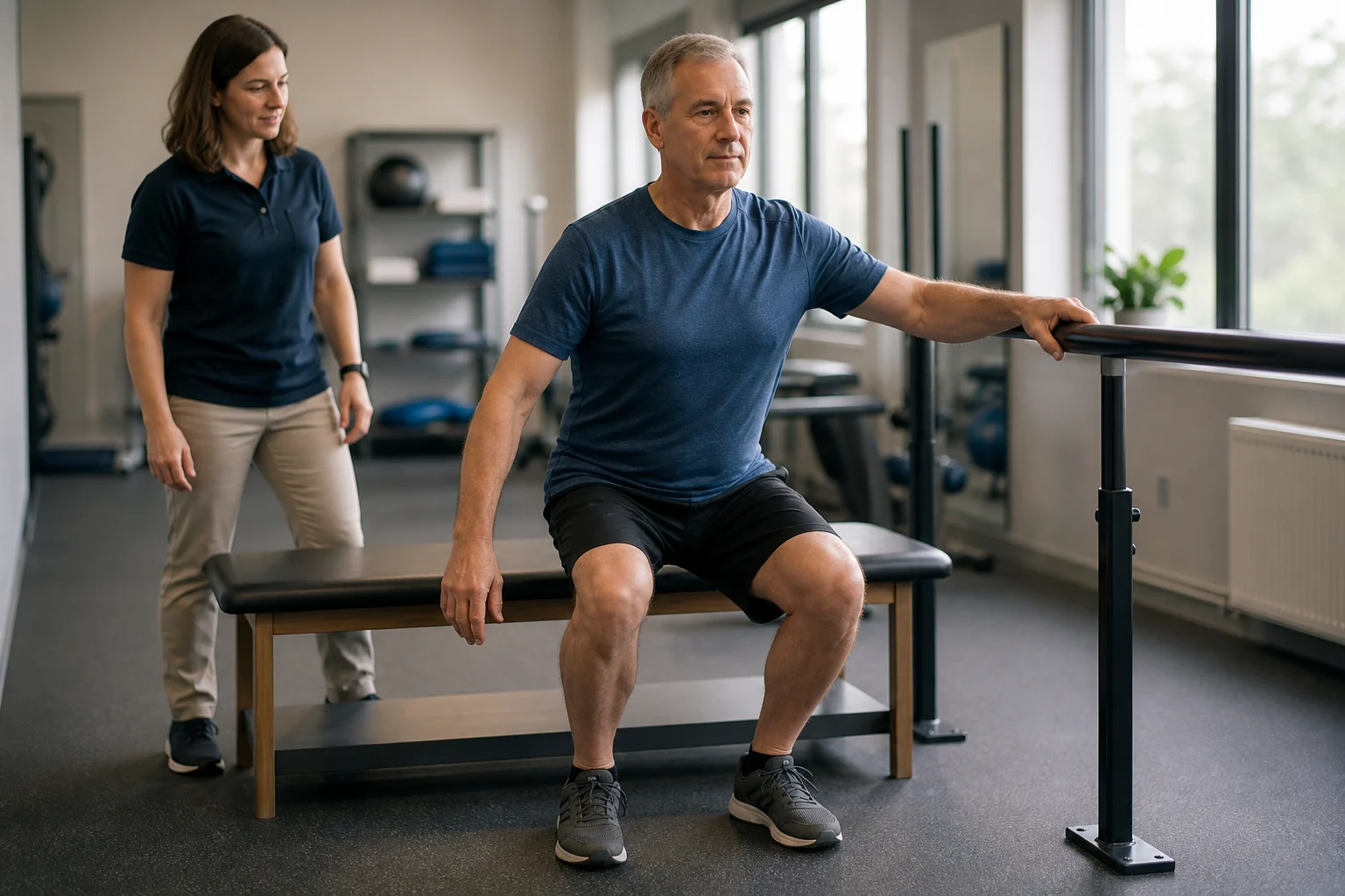 A man in his fifties performs a supported box squat while a physical therapist observes.
