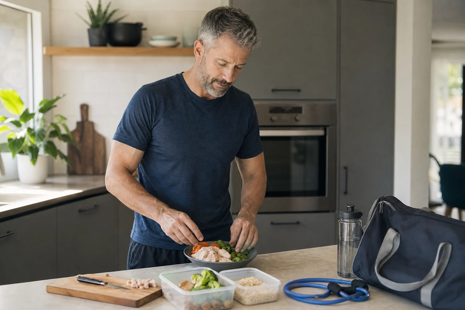 A man in his fifties prepares a balanced meal after strength training.