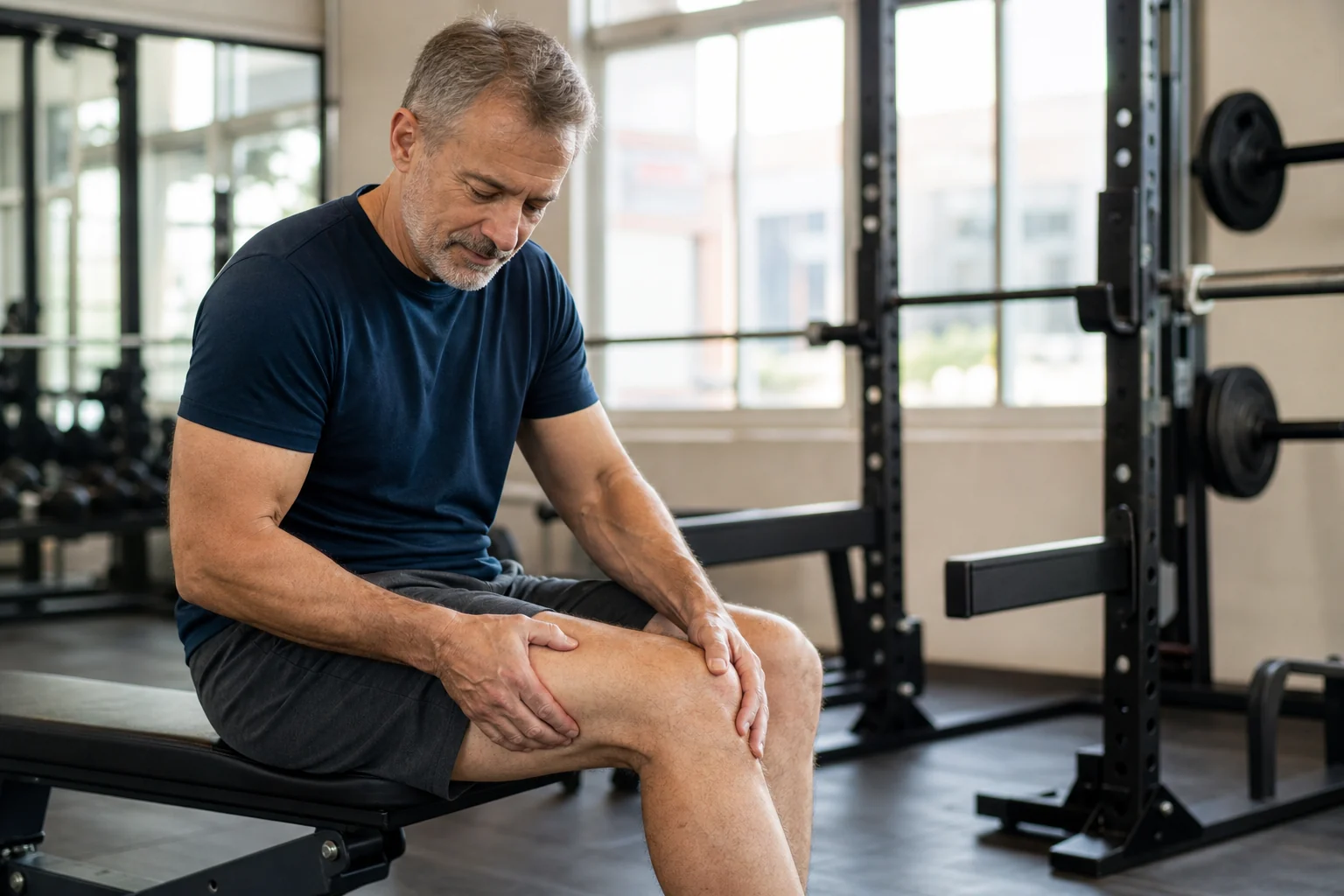 A man in his fifties checks mild thigh soreness while seated on a gym bench after training.