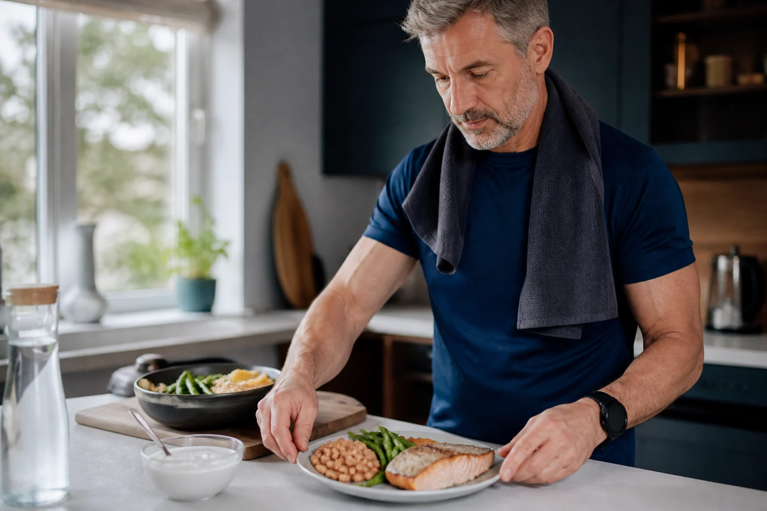 A man in his fifties prepares a protein-rich meal with salmon, beans, and vegetables.