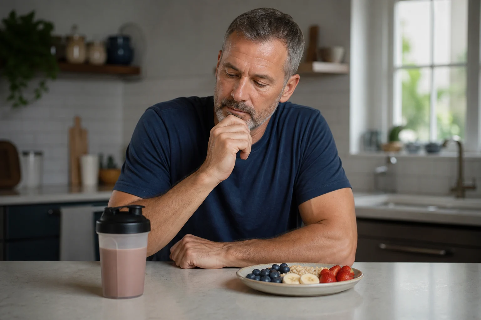 A man in his fifties compares a protein shake with a whole-food breakfast.