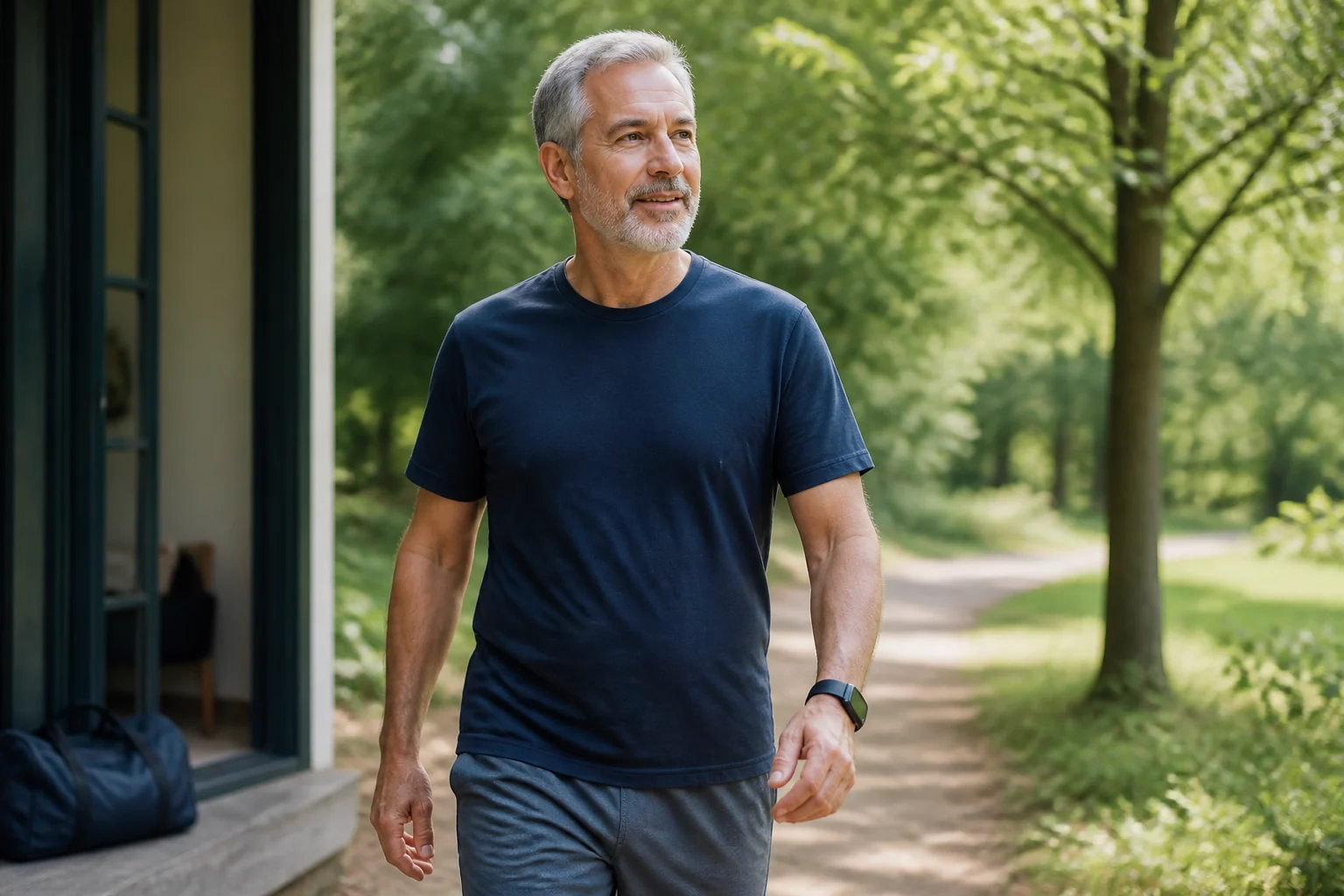 A man in his fifties takes an easy walk through a park on a recovery day.