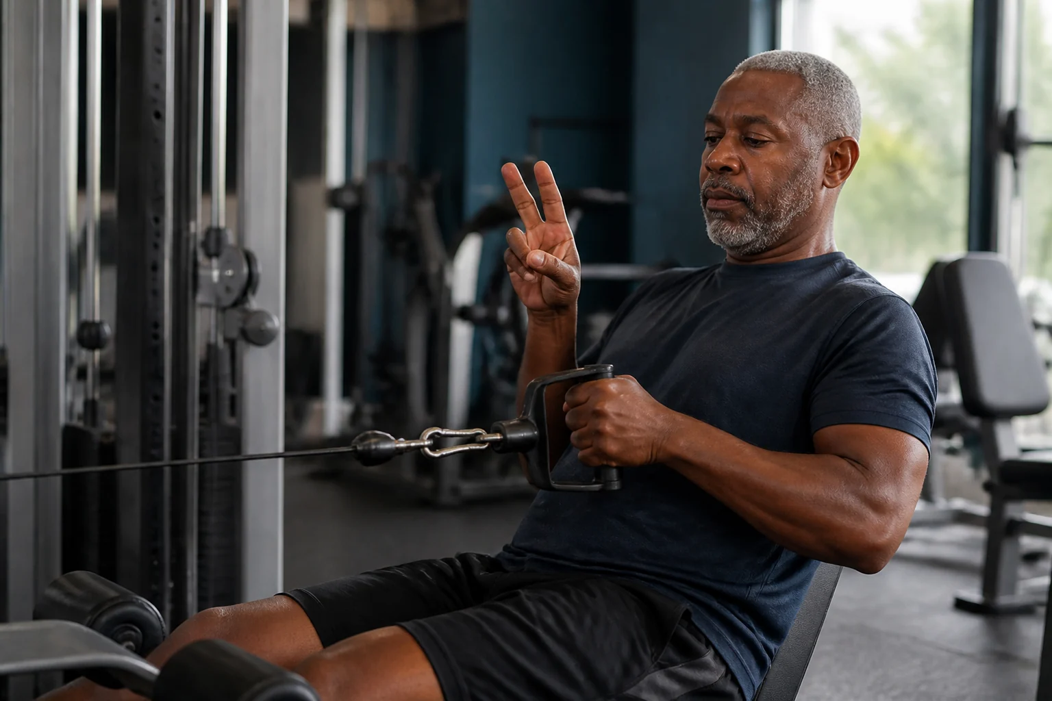 A man in his fifties counts repetitions during a controlled seated cable row.