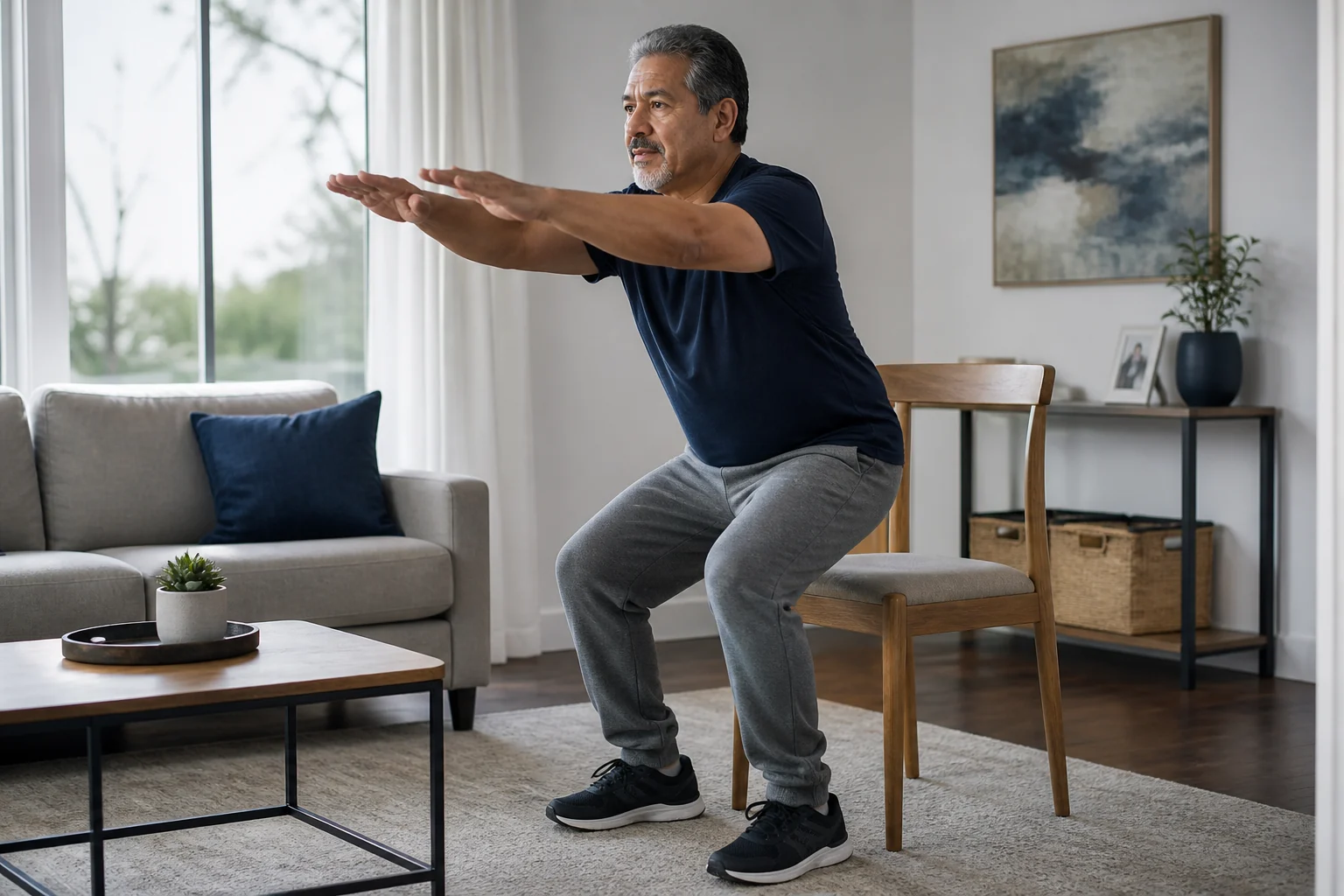 A man in his fifties performs a chair sit-to-stand in his living room.