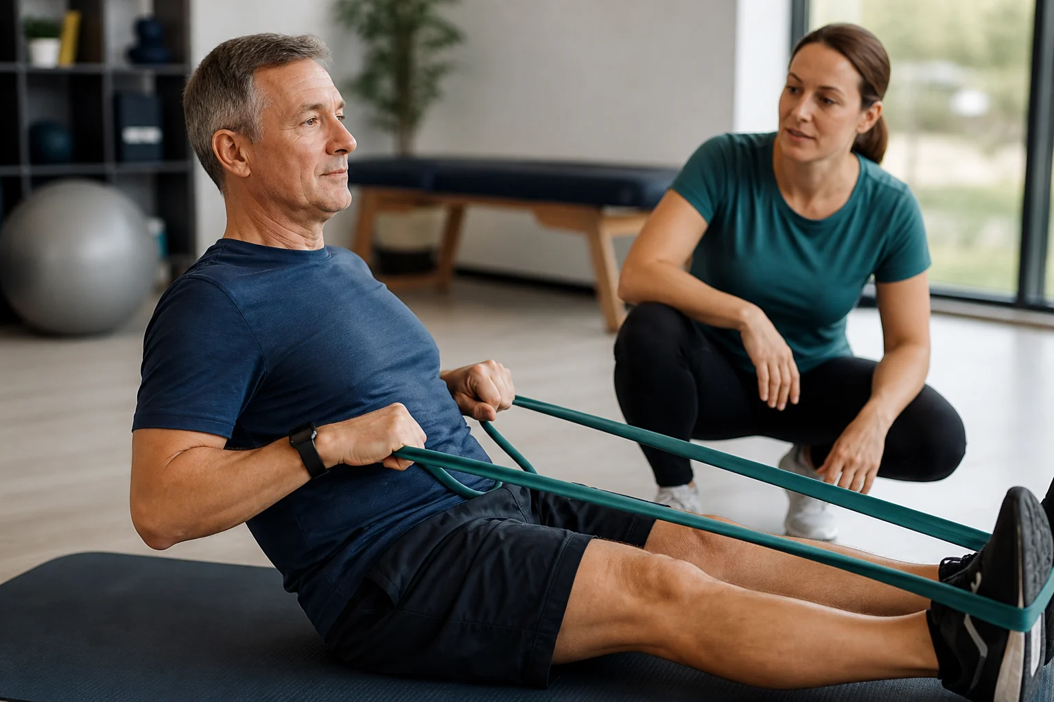 A man in his fifties performs controlled resistance-band rows while a trainer observes.