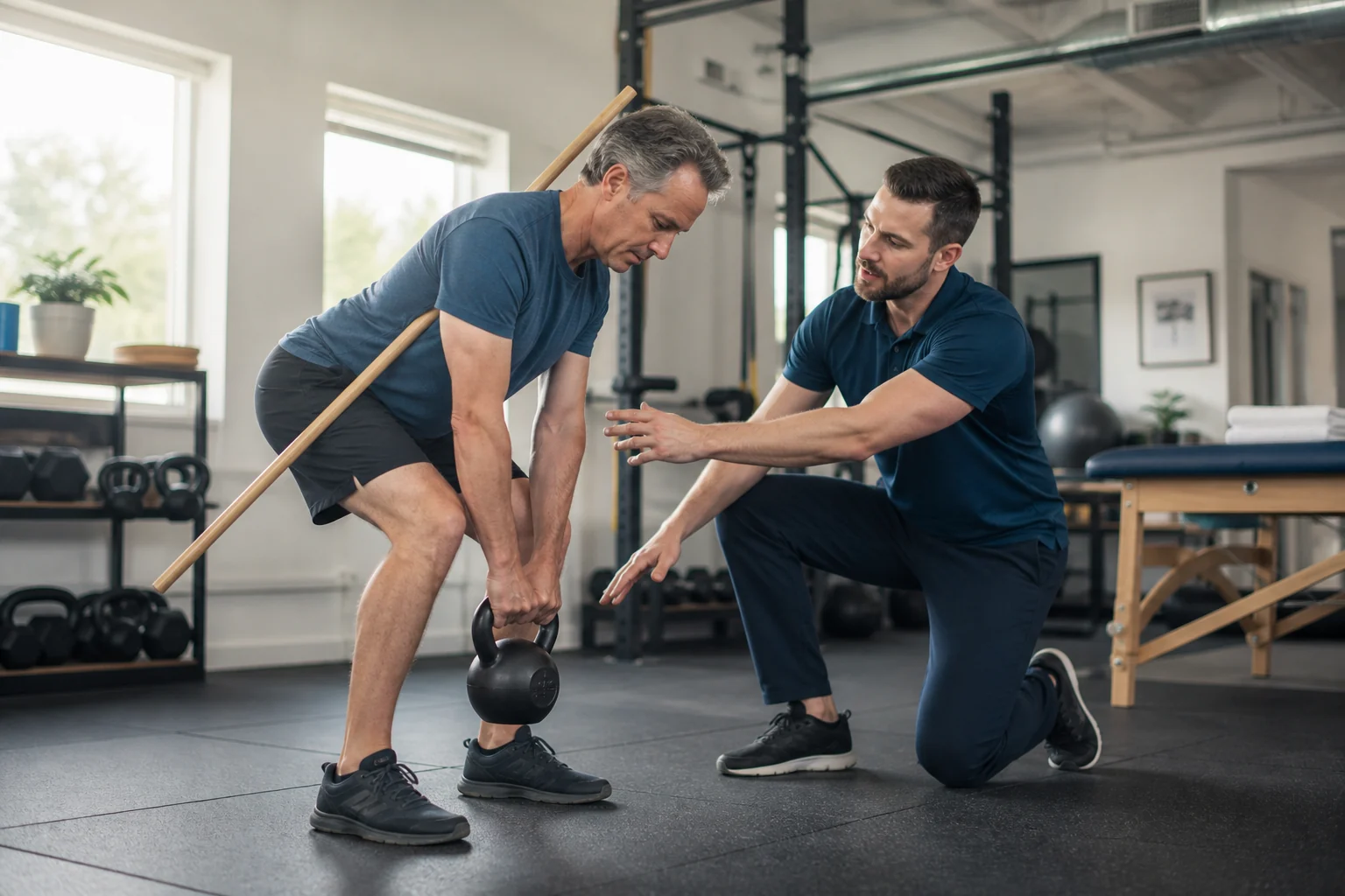 A man in his fifties practices a light kettlebell hip hinge with guidance from a physical therapist.