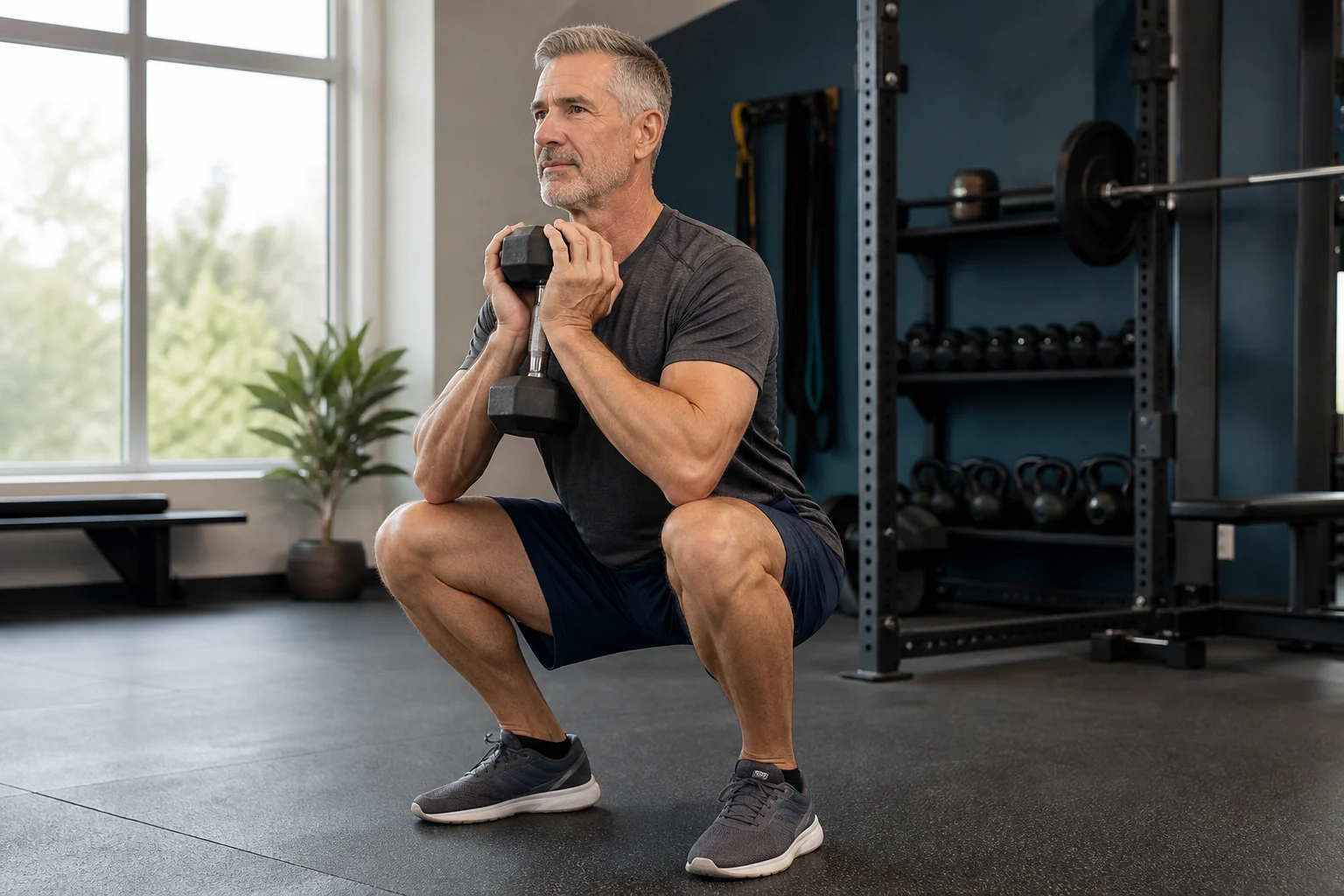 A healthy man in his fifties performing a controlled dumbbell squat in a bright, welcoming gym.
