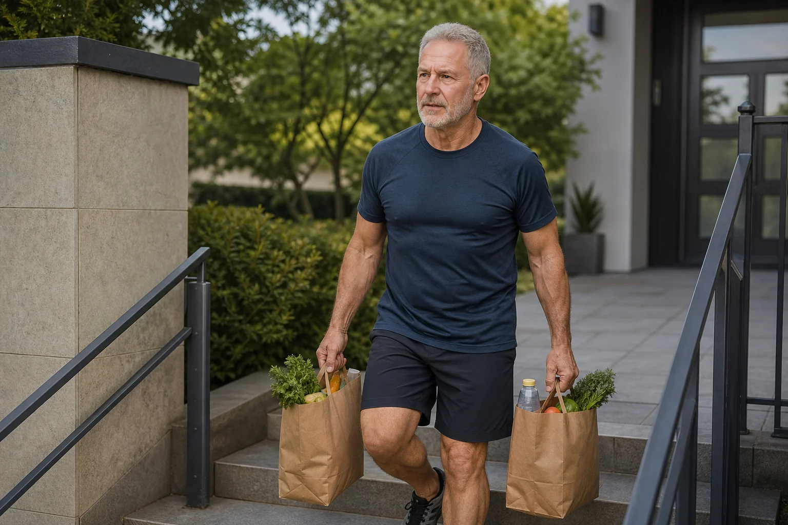 A man in his late fifties carries grocery bags up a short flight of stairs.