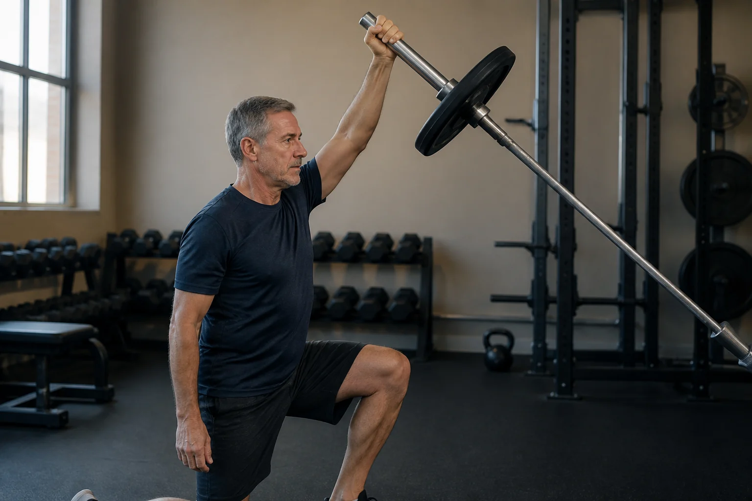 A man in his fifties performs a controlled landmine press at the gym.