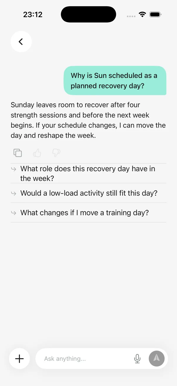 Dorsi Coach explaining why Sunday is a planned recovery day and offering follow-up changes to the week.